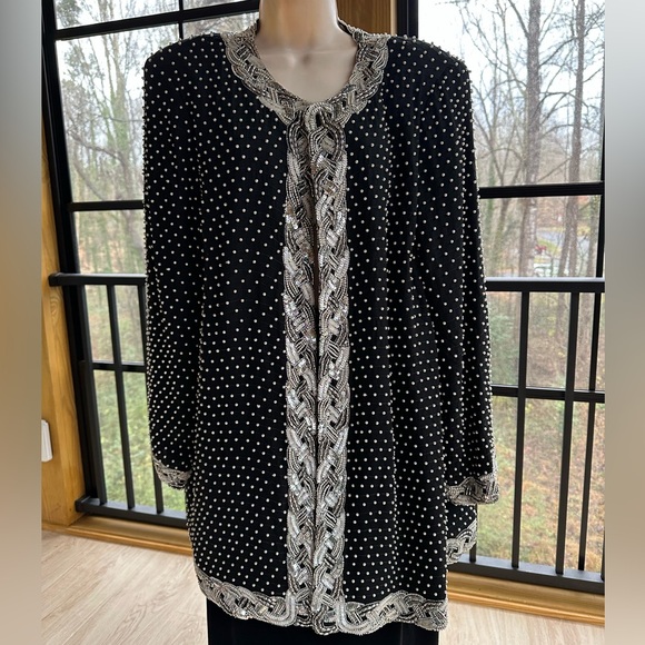 Vintage Pearl & Sequin Black Silk Jacket Open-Front or Hook & Eye Closure ~ 2X - Picture 6 of 17